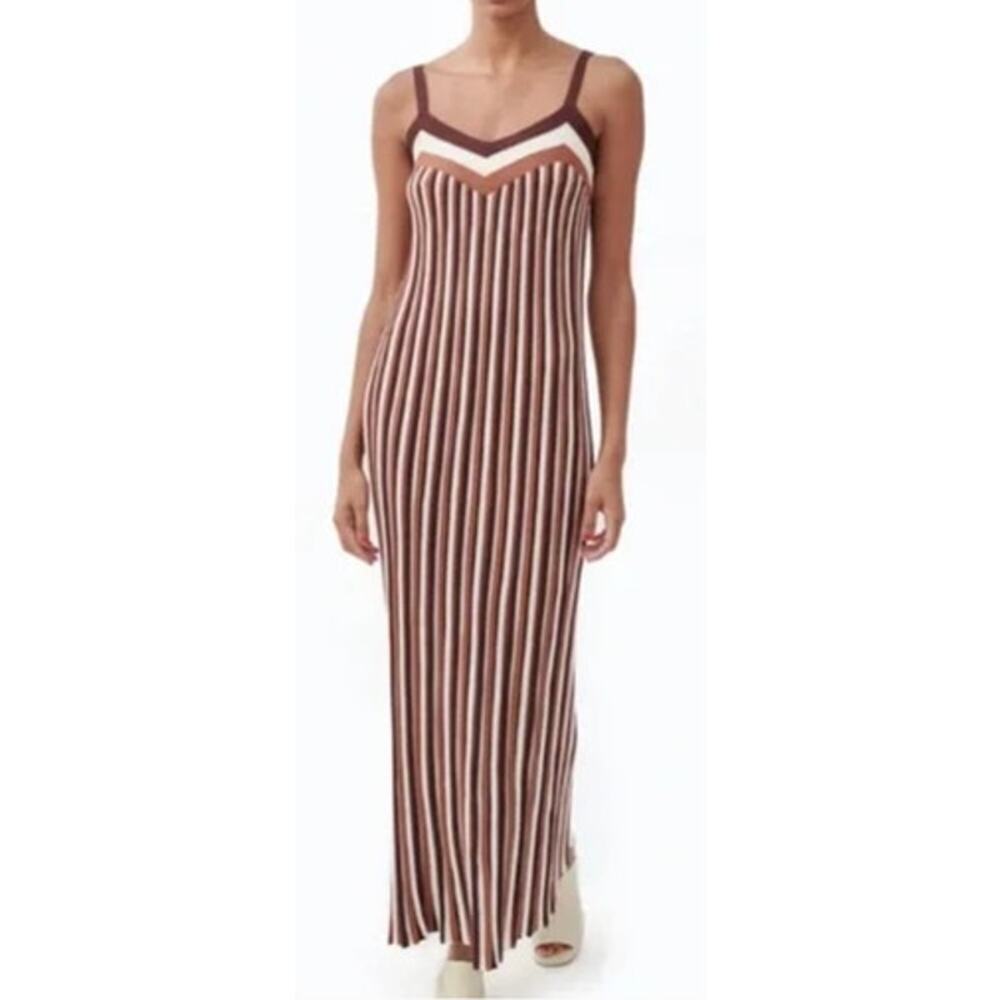 Ronny Kobo Multi Stripe Knit Dress Sleeveless V-Neck Midi Bodycon Multicolor L